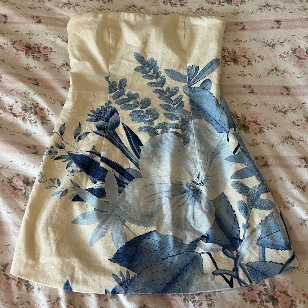 Peppermayo Strapless Dress with Blue Floral Pattern